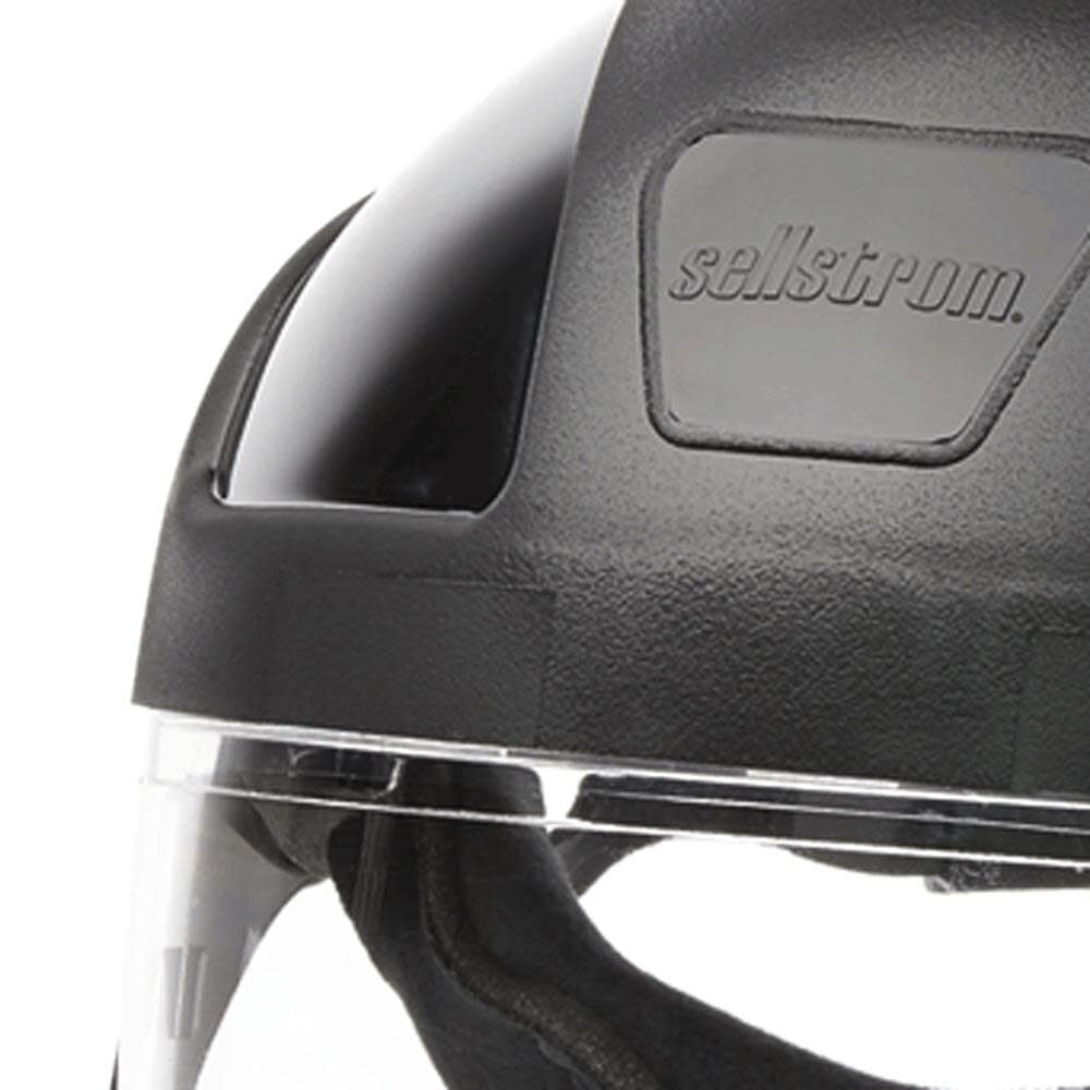 Sellstrom Multi-Purpose Single Crown Face Shield with Ratchet Headgear and Chin Guard Clear Polycarbonate Window Anti-Fog Coating Black Crown, large image number 3