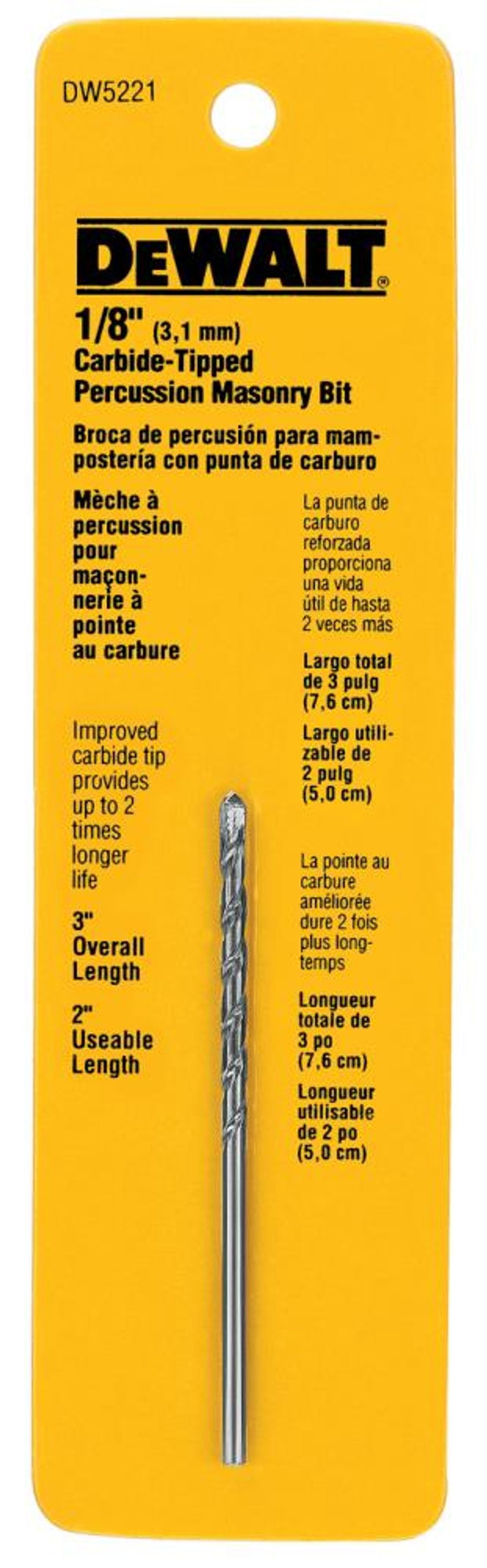 DEWALT 1/8in x 3in DRILL BIT PREMIUM PERCUSS, large image number 1