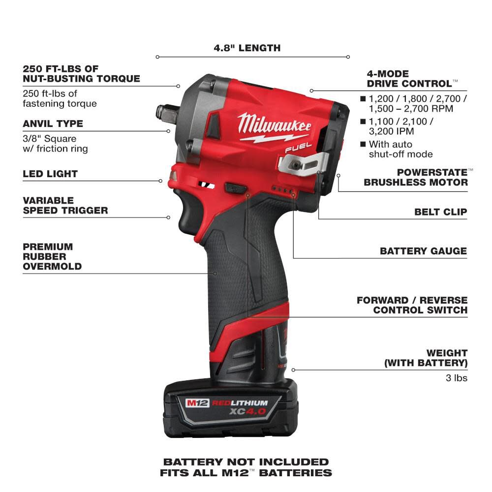 Milwaukee M12 Fuel Stubby 3 8 In Impact Wrench Kit 2554 22 - Image 8