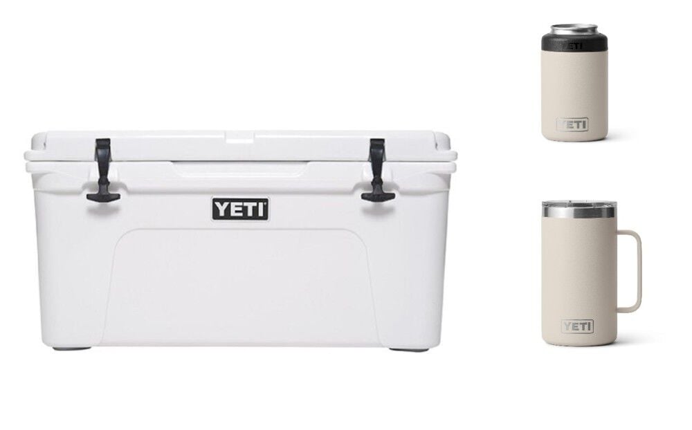 YETI Tundra 65 Cooler White, 12oz Rambler Colster Can Cooler, Rambler 24oz Stackable Mug with Magslider Lid Cape Taupe Bundle – ATB000011481