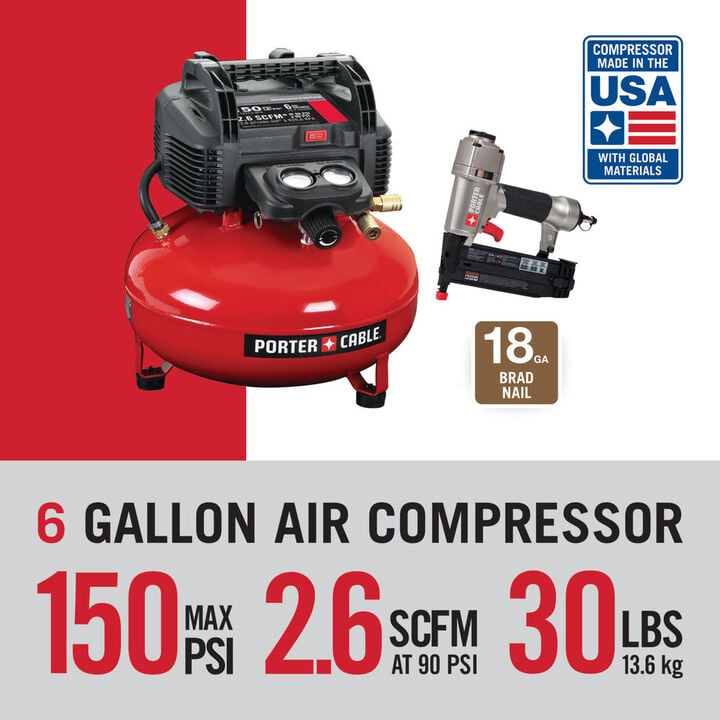 Porter Cable 6 Gallon 150 PSI Portable Electric Air Compressor and 18 Gauge Brad Nailer Combo Kit, large image number 1