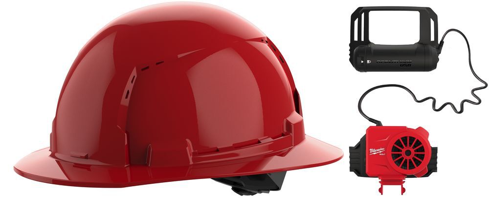 Milwaukee BOLT Red Full Brim Vented Hard Hat with 4pt Ratcheting Suspension Type 1 Class C & Cooling Fan Bundle - MIL000011748