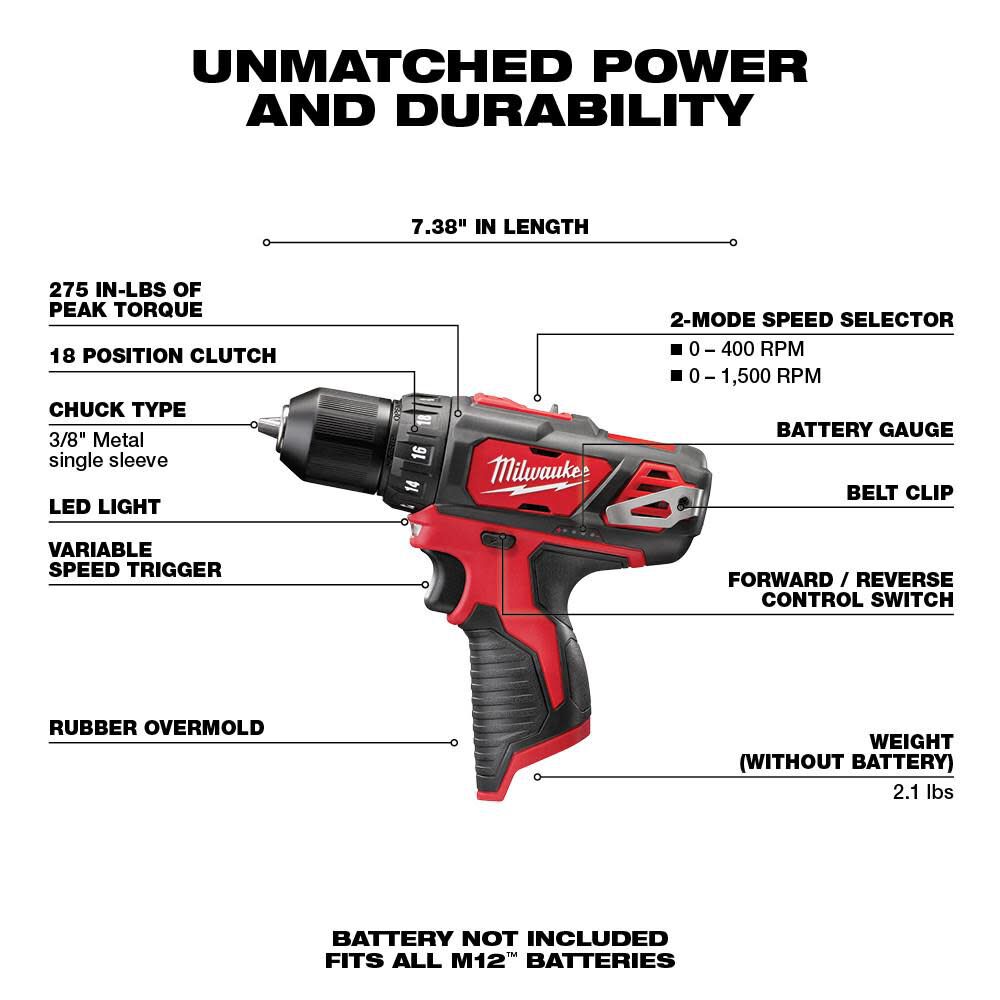 Milwaukee M12 3/8 in. Drill/Driver (Bare Tool), large image number 2