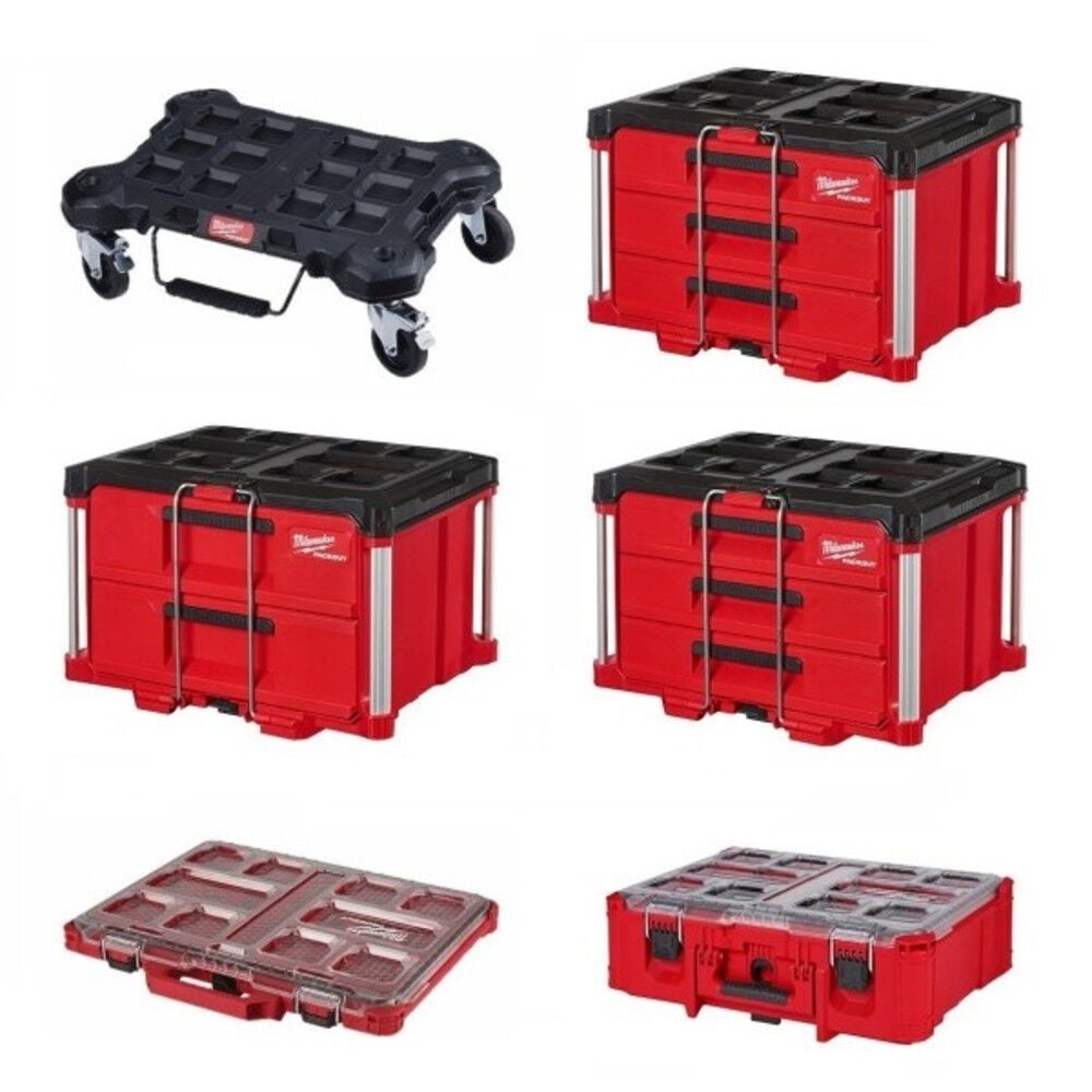 Milwaukee Packout Dolly, 2 Drawer, (2) 3 Drawer, Deep and Slim Organizer Bundle – MIL000011378