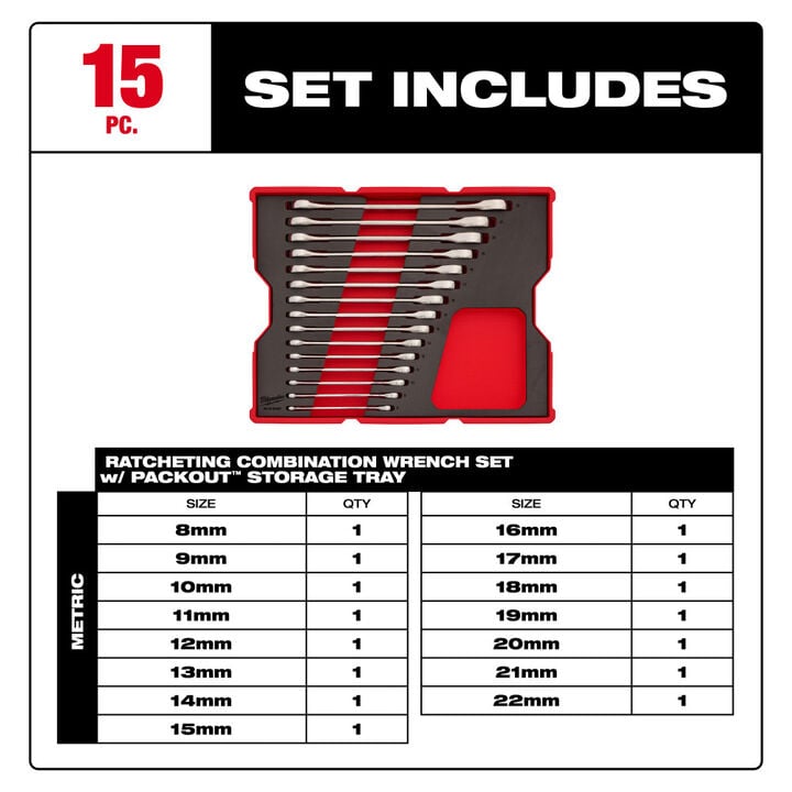Milwaukee Metric Ratcheting Combination Wrench Set with Tray for PACKOUT Drawers, 15 Pieces, large image number 1