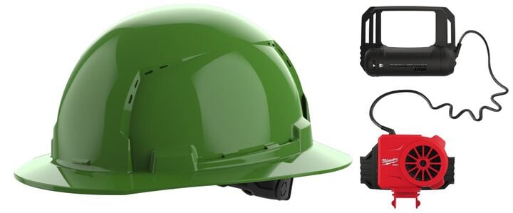 Milwaukee BOLT Green Full Brim Vented Hard Hat with 6pt Ratcheting Suspension Type 1 Class C & USB Cooling Fan Bundle