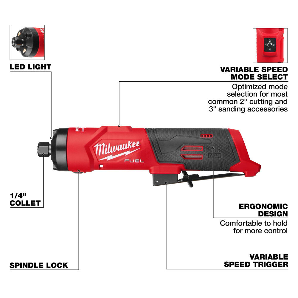 Milwaukee M12 FUEL 1/4 Inch Straight Die Grinder (Bare Tool) and M18 FUEL 4-1/2inch / 5inch Grinder Paddle Switch No-Lock (Bare Tool) Bundle, large image number 8