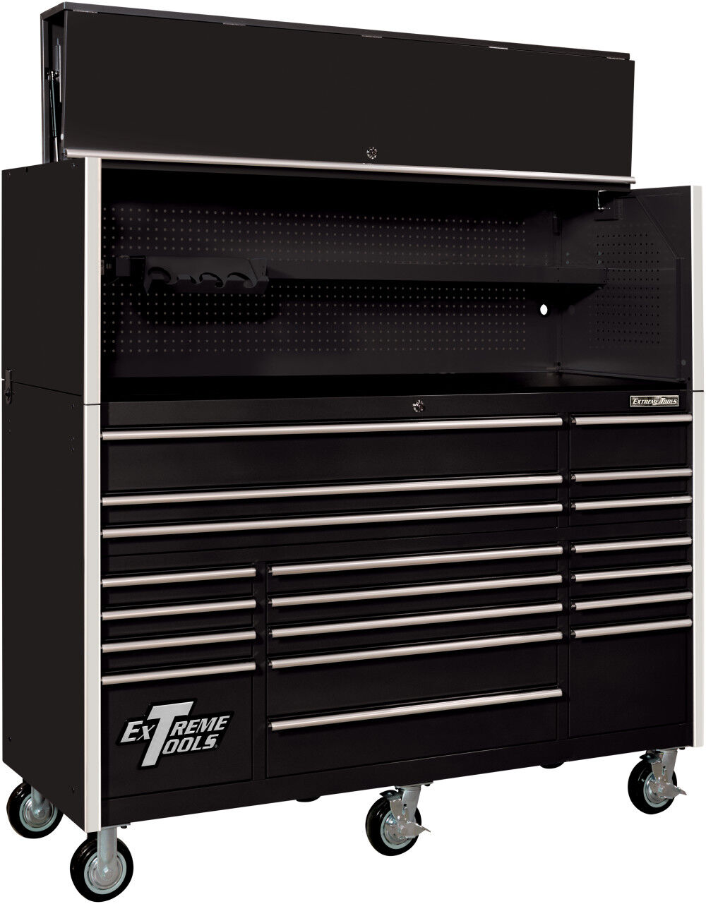 Extreme Tools RX7220HR RX Series 72in. W x 25in. D 19 Drawer Roller Cabinet and 72in. W Extreme Power Workstation Hutch combine to give you a huge