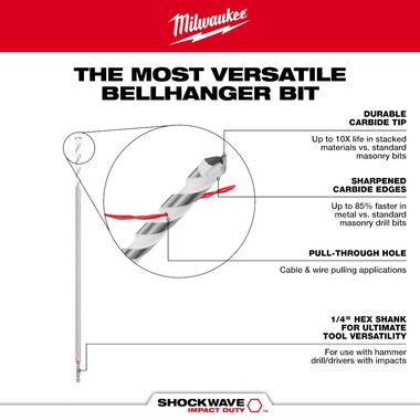 Milwaukee 1/2 Inch x 16 Inches x 18 Inches SHOCKWAVE Carbide Bellhanger Multi-Material Bit, large image number 3