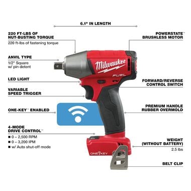 Milwaukee M18 FUEL 1/2 in. Compact Impact Wrench with Pin Detent with ONE-KEY (Bare Tool), large image number 2