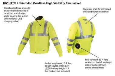 Makita 18V LXT Lithium-Ion Cordless High Visibility Fan Jacket Jacket Only, large image number 1
