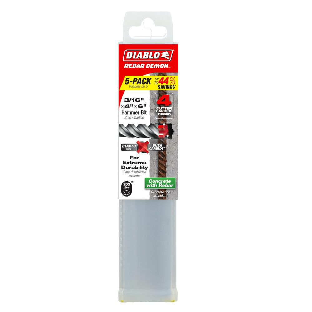 Diablo Tools 3/16 Inch x 4 Inch x 6 Inch Rebar Demon SDS-Plus 4 Cutter FCH Hammer Bit 5 Pieces, large image number 1