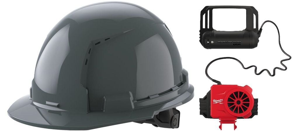 Milwaukee Front Brim Vented Hard Hat with 6pt Ratcheting Suspension Type 1 Class C & BOLT USB Cooling Fan Bundle - MIL000011710