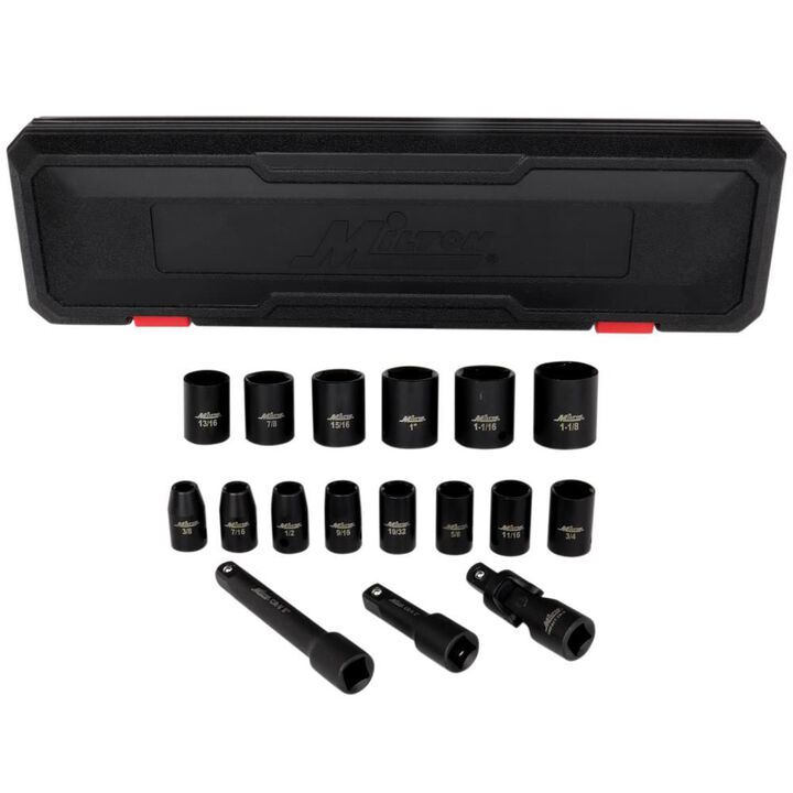Milton 1/2 Inch Drive Shallow 6-Point Impact Socket Set 3/8 Inch-1-1/8 Inch SAE Steel Coated Black Oxide Finish with Universal Joint & Extension Bars 17 Piece