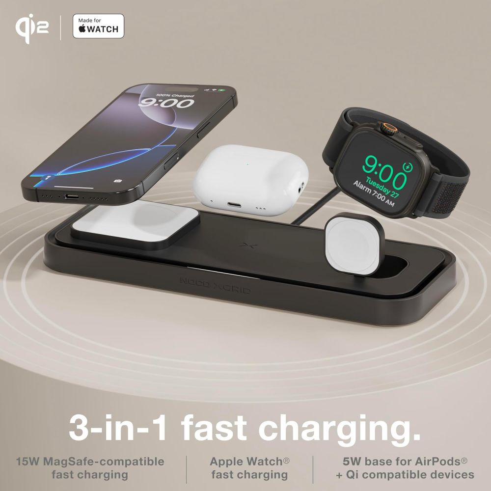 Noco 3-In-1 Qi2 15W Wireless Charging Pad Matte Black, large image number 3
