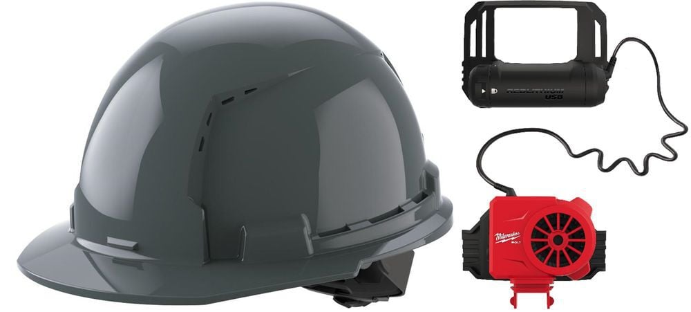 Milwaukee Front Brim Vented Hard Hat with 4pt Ratcheting Suspension Type 1 Class C & BOLT Cooling Fan Bundle - MIL000011755