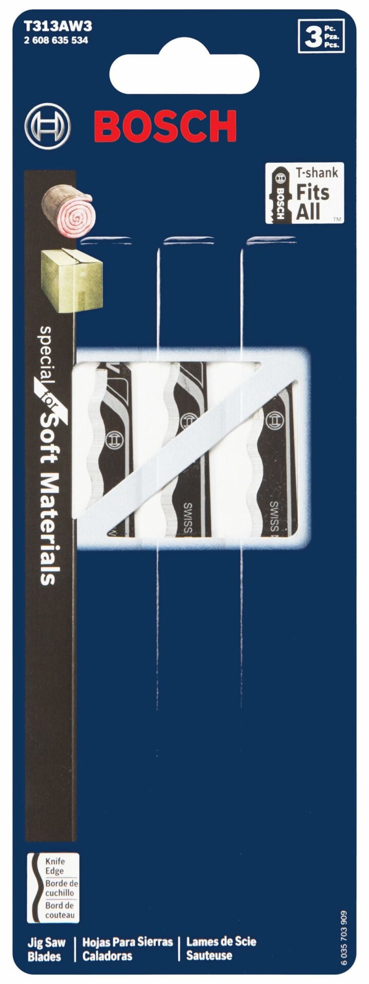 Bosch Jig Saw Blades 3pc 6in Knife Edge Special for Soft Materials T Shank, large image number 1