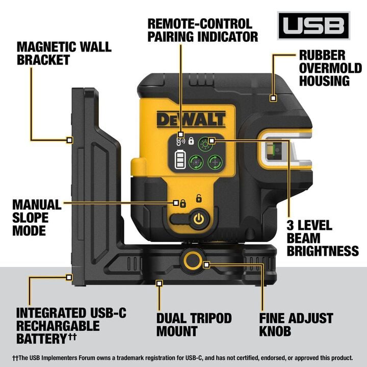 DEWALT USB Rechargeable Green 5 Spot & Cross Line Laser Base Kit, large image number 1