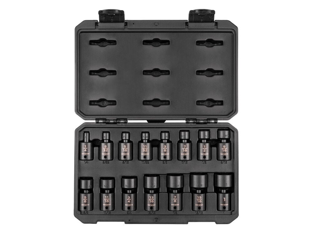 Tekton 3/8 in dr Universal Joint Impact Socket Set, Case, 15 Pieces 1/4-1 Inch - SID97301