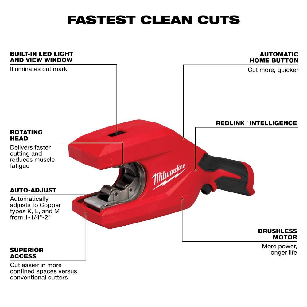 Milwaukee M12 Brushless 1 1 4 Inch To 2 Inch Copper Tubing Cutter Cordless Bare Tool 2479 20 - Image 2