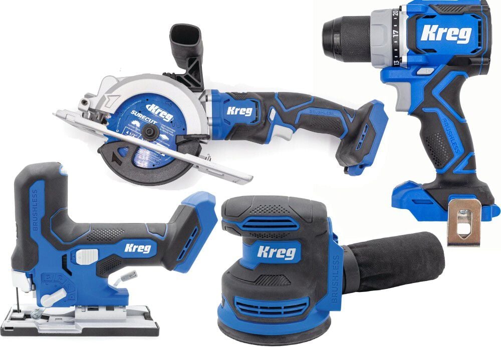 Kreg 20V Ionic Drive 1/2 Inch Compact Drill 4-1/2 Inch Circular Saw Barrel Grip Jigsaw & 5 Inch Random Orbit Sander (Bare Tool) Bundle – ATB000011540