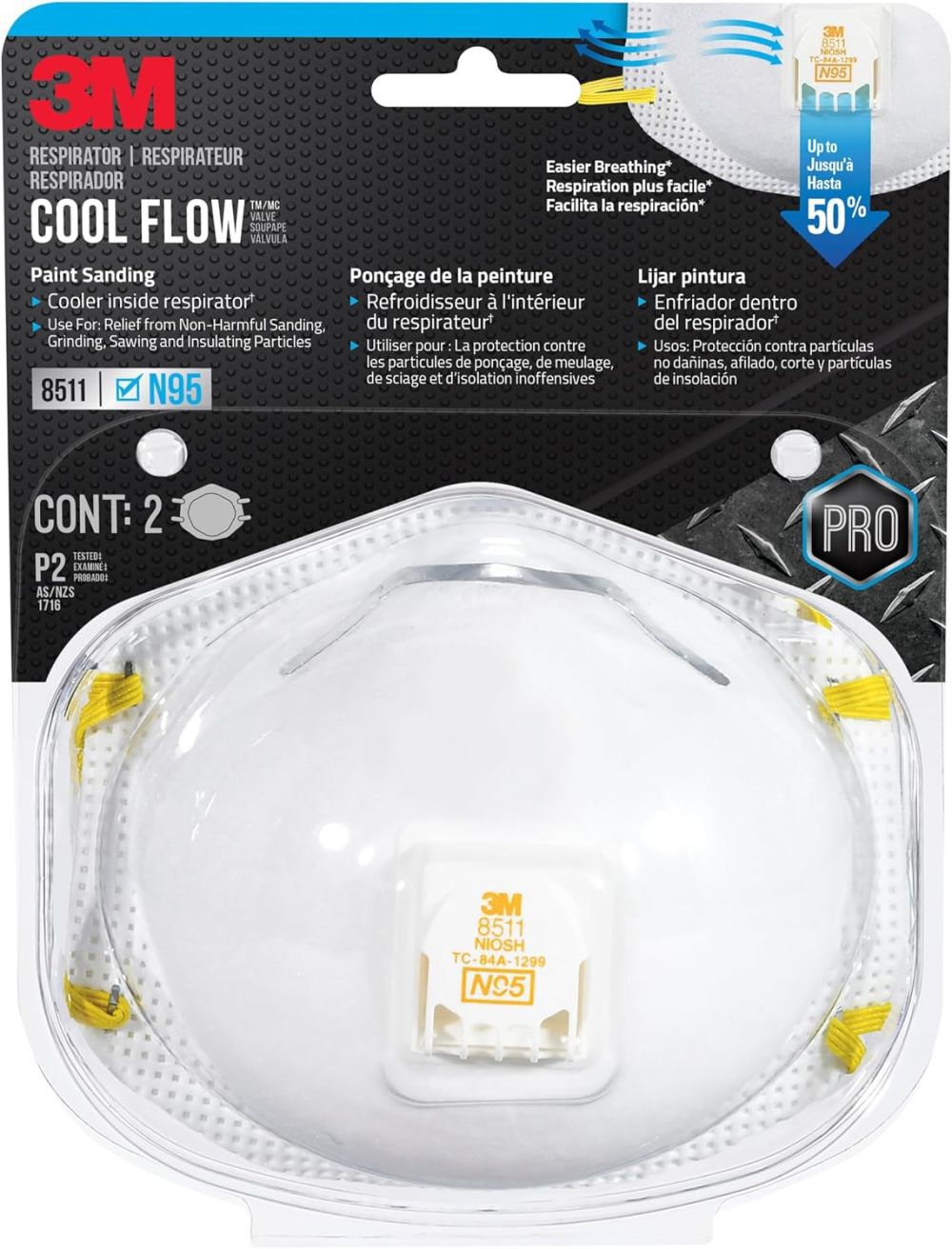 3M 8511 White N95 Valved Sanding Respirator, 2 Pieces, large image number 1