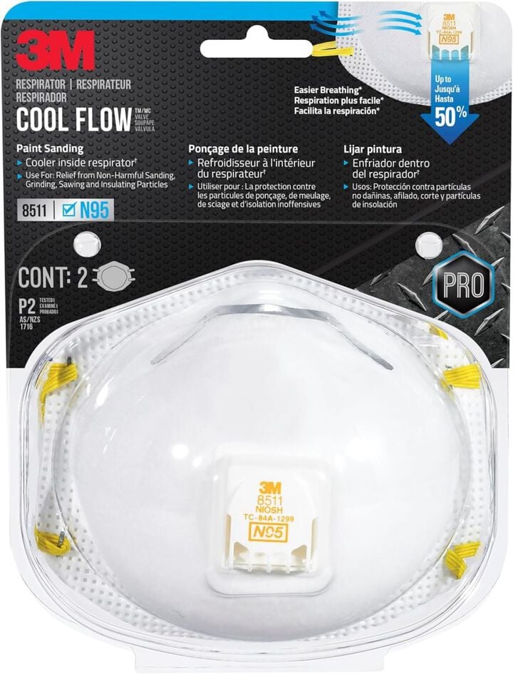 3M 8511 White N95 Valved Sanding Respirator, 2 Pieces