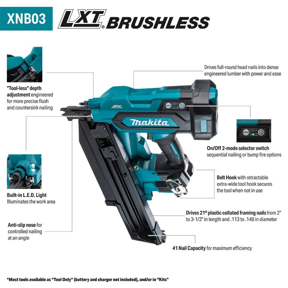 Makita 18V LXT 4.0Ah Lithium-Ion Brushless Cordless 21 Degree Full Round Head 3-1/2 Inch Framing Nailer Kit, large image number 3