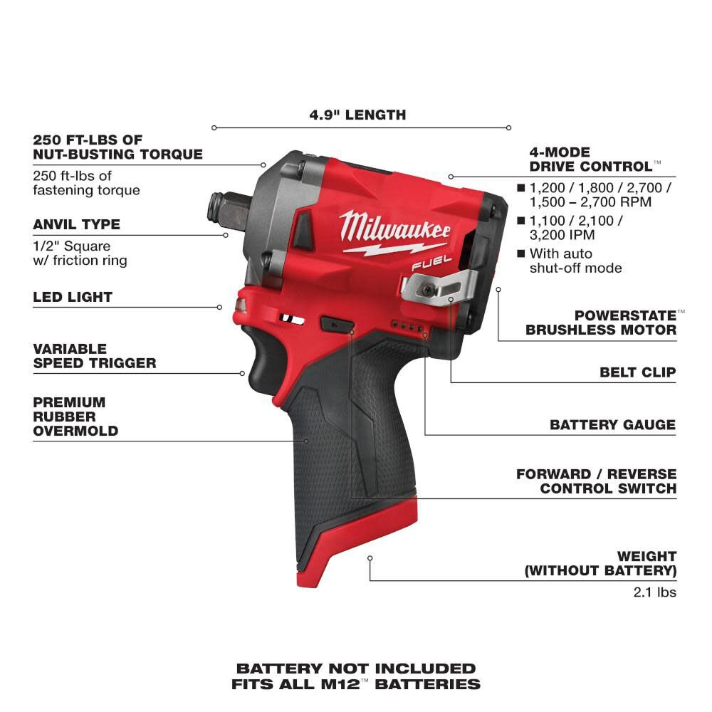 Milwaukee M12 FUEL Stubby 1/2inch Impact Wrench Reconditioned (Bare Tool), large image number 7