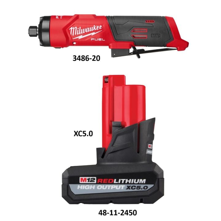 Milwaukee M12 FUEL 1/4 Inch Straight Die Grinder (Bare Tool) and M12 REDLITHIUM XC 12V 5Ah Lithium Ion Power Tool Battery Pack Bundle, large image number 1