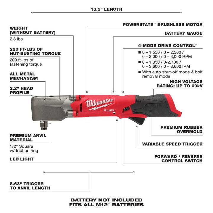 Milwaukee M12 FUEL 1/2inch Right Angle Impact Wrench Reconditioned (Bare Tool), large image number 6