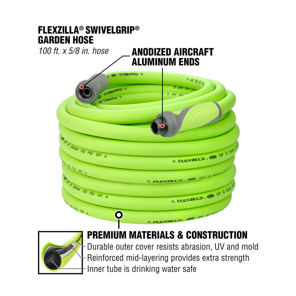 Flexzilla SwivelGrip Garden Hose, 5/8 Inch x 100 Feet, 3/4 Inch - 11 1/2 GHT Fittings, ZillaGreen, large image number 2