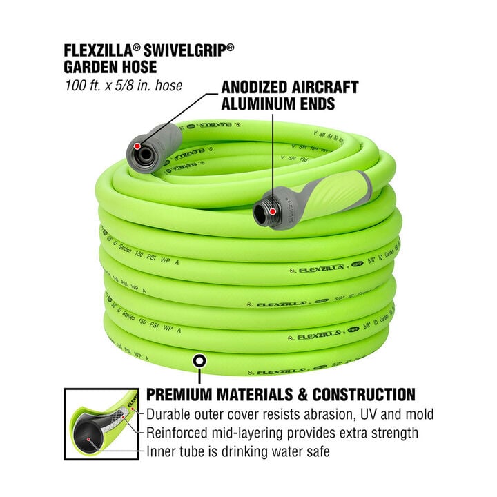Flexzilla SwivelGrip Garden Hose, 5/8 Inch x 100 Feet, 3/4 Inch - 11 1/2 GHT Fittings, ZillaGreen, large image number 1