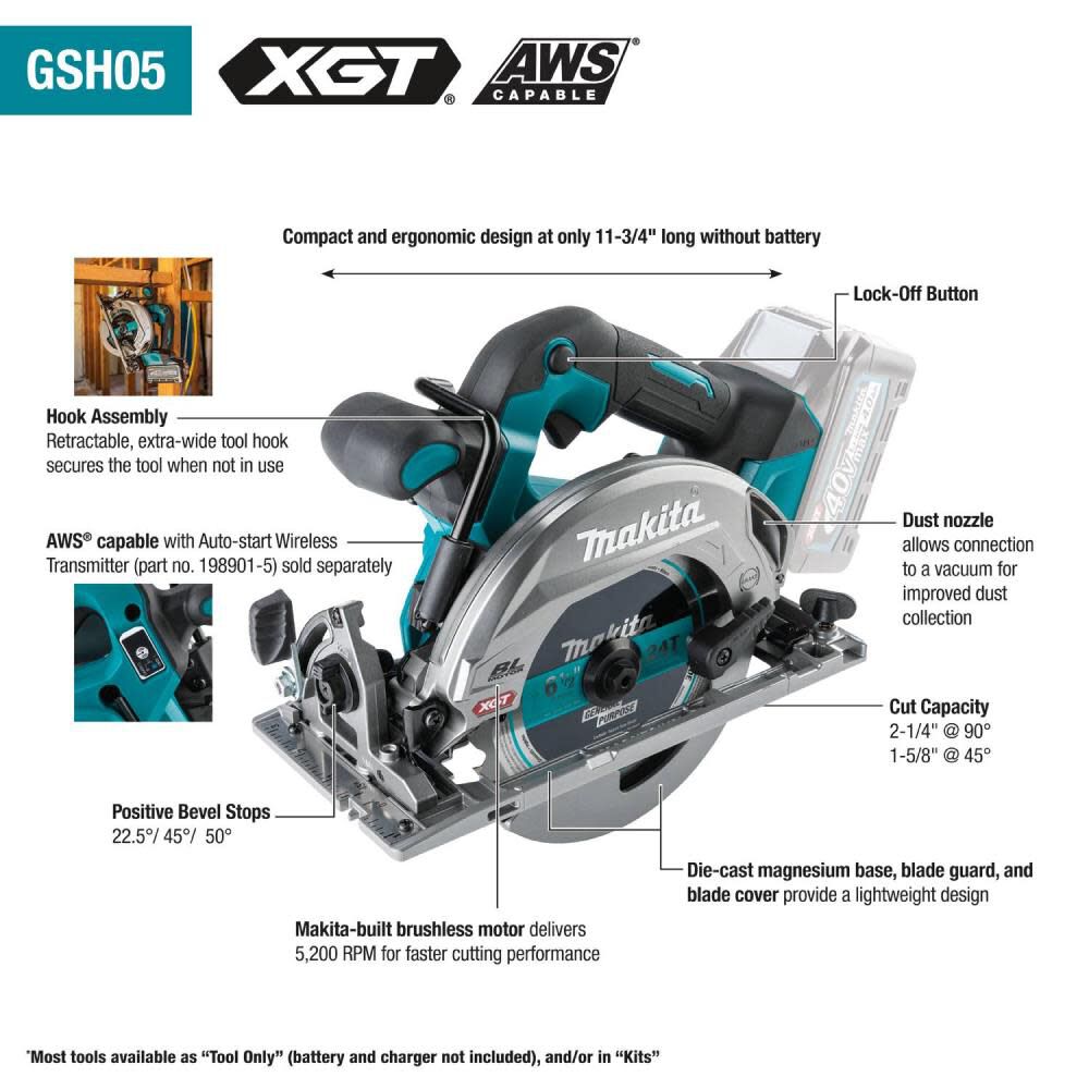 Makita 40V max XGT 6-1/2 in Circular Saw, AWS Capable