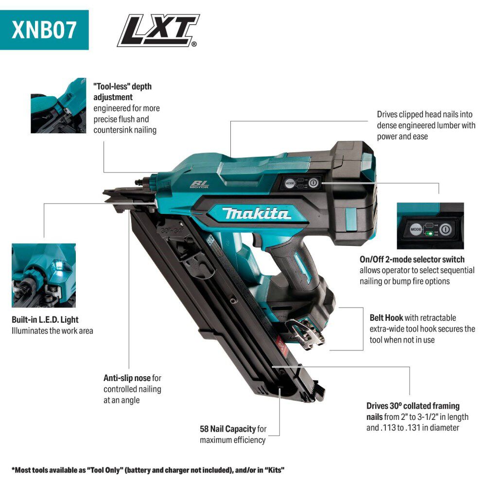 Makita 18V LXT Lithium-Ion Brushless Cordless 30 Degree Clipped Head 3-1/2 Inch Framing Nailer 4 Ah Kit, large image number 3