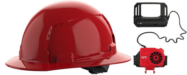 Milwaukee BOLT Red Full Brim Vented Hard Hat with 4pt Ratcheting Suspension Type 1 Class C & Cooling Fan Bundle