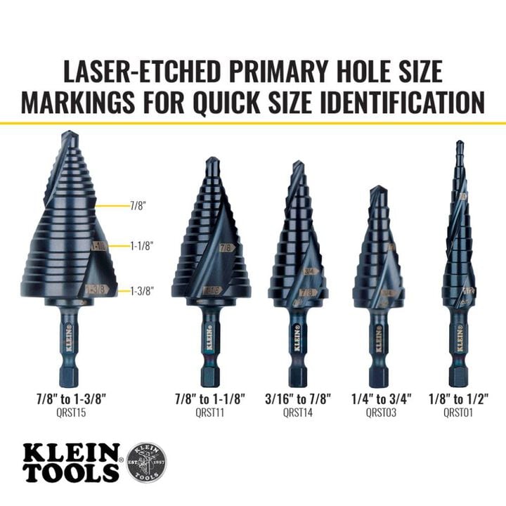 Klein Tools 7/8in to 1-3/8in Quick Release Sprial Flute Step Drill Bit, large image number 2