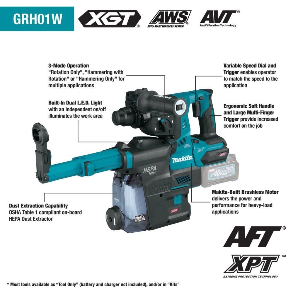 Makita 40V max XGT 1 1/8in AVT Rotary Hammer with Dust Extractor (Bare Tool), large image number 5