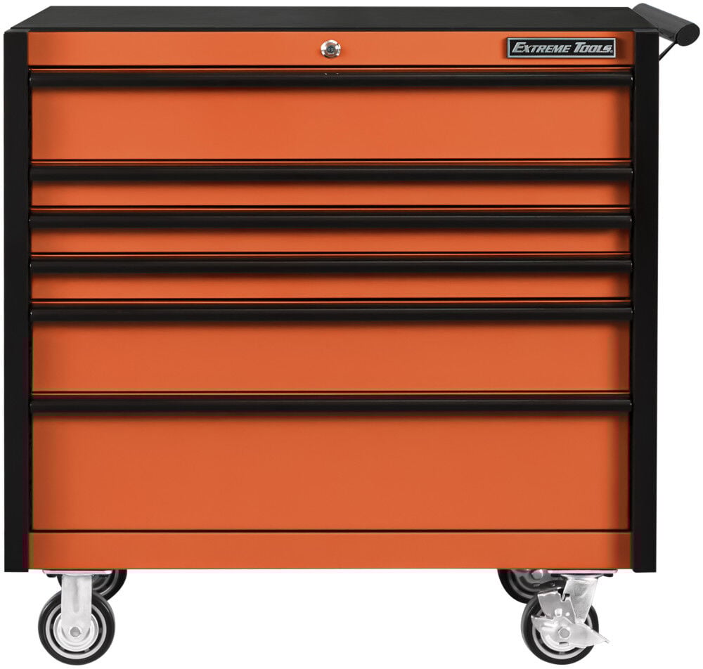 Extreme Tools DX Series 41 Inch W X 25 Inch D 6 Drawer Roller Cabinet 100 lbs Slides Orange with Black Drawer Pulls – DX412506RCORBK