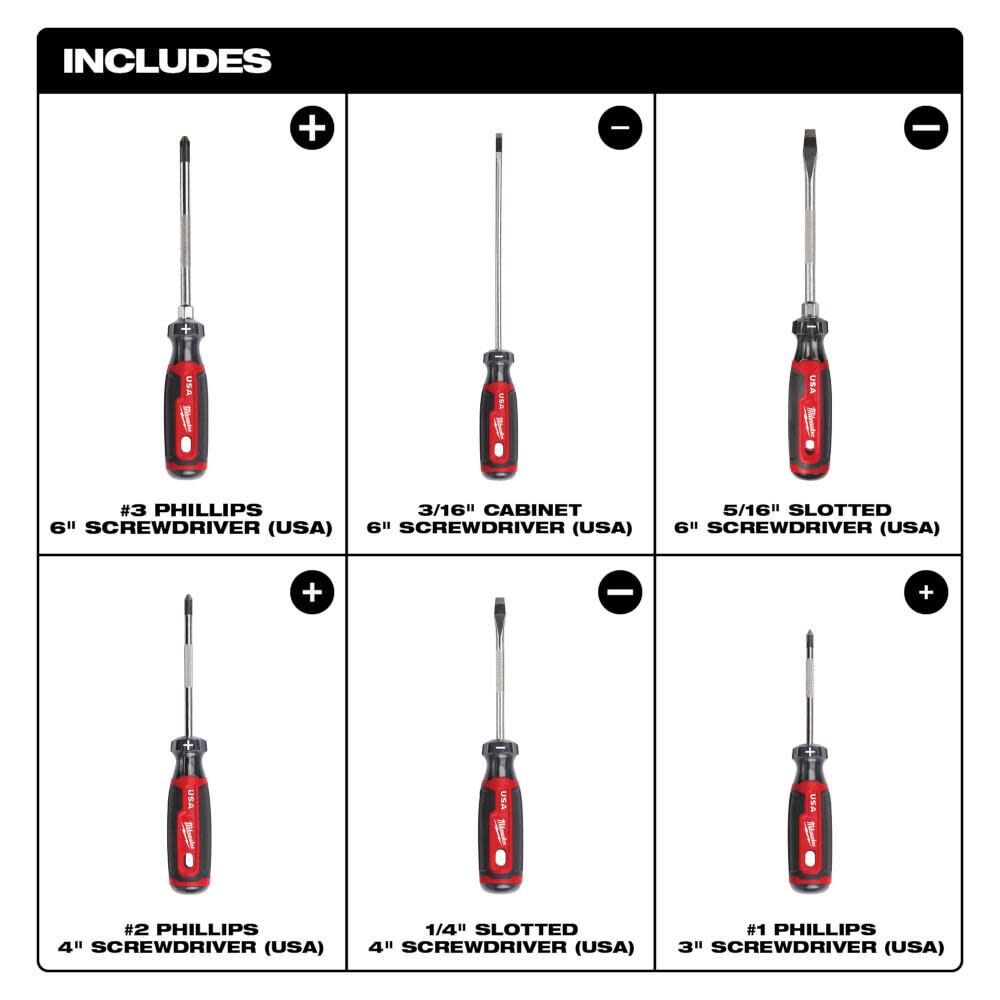 Milwaukee Cushion Grip Screwdriver 6pc Kit (USA) MT2006 Acme Tools
