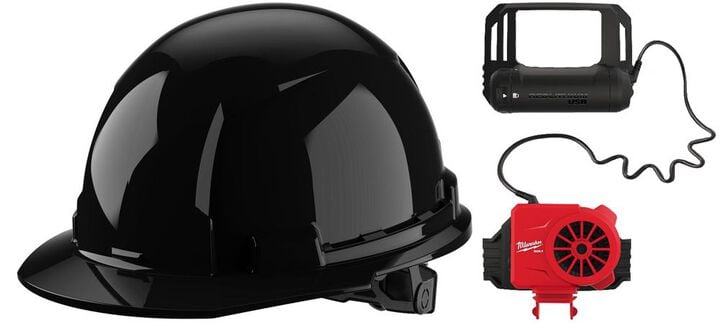 Milwaukee Front Brim Hard Hat with 6pt Ratcheting Suspension Type 1 Class E & BOLT USB Cooling Fan Black