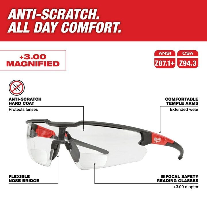 Milwaukee Safety Glasses - +3.00 Magnified Clear Anti-Scratch Lenses, large image number 1