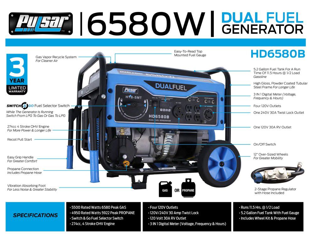 Pulsar Products Generator 6580 Watt Dual Fuel Portable HD6580B Acme Tools