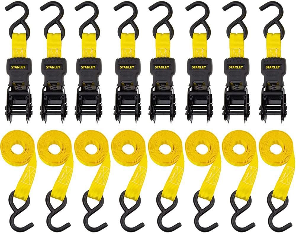 Stanley S1000 Ratchet Tie Down Straps 1in x 10' Light Cargo Hauling 1500 lbs Break Strength 8pk, large image number 1