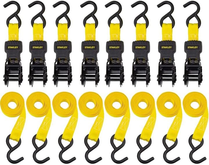 Stanley S1000 Ratchet Tie Down Straps 1in x 10' Light Cargo Hauling 1500 lbs Break Strength 8pk