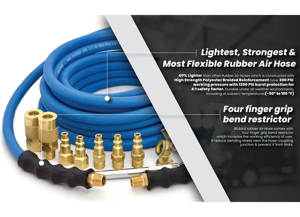BluBird 1/4 Inch x 100 Ft Rubber Air Hose Kit with FastFix Fitting 12 Pieces, large image number 3