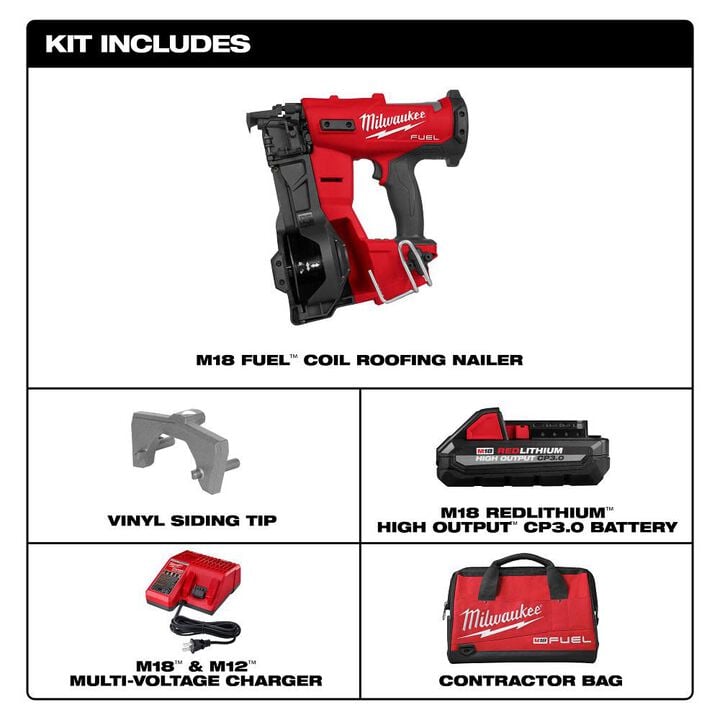 Milwaukee M18 FUEL Coil Roofing Nailer Kit & Replacement Rubber Wear Pads Bundle, large image number 1
