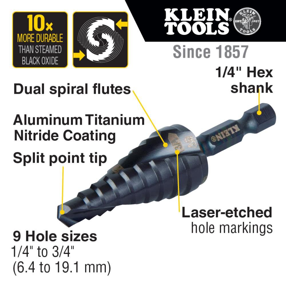 Klein Tools 1/4in to 3/4in Quick Release Spiral Flute Step Bit, large image number 2