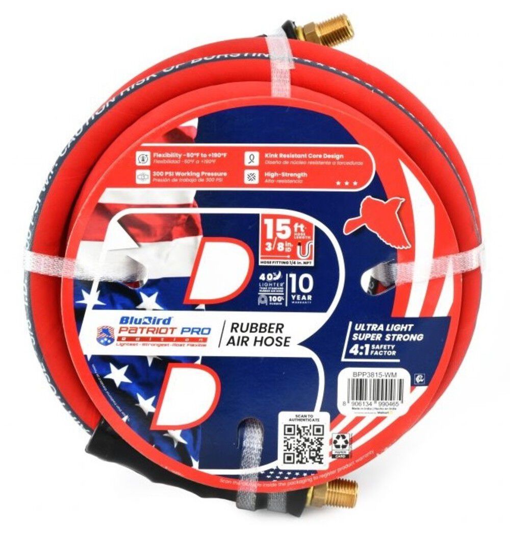 BluBird 3/8 Inch X 15 Ft. Patriot Pro Rubber Air Hose Assembly – PPPRO3815
