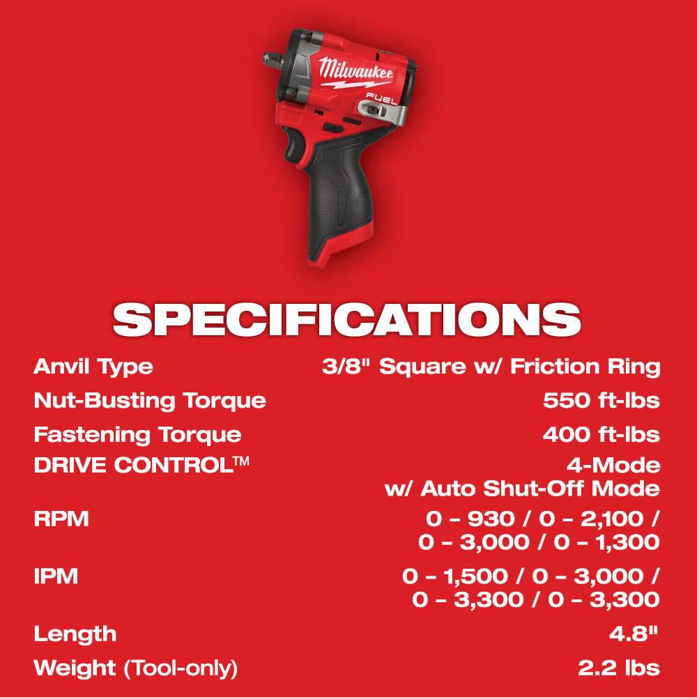 Milwaukee M12 FUEL Stubby 3/8" Impact Wrench (Bare Tool) with Protective Boot, large image number 6